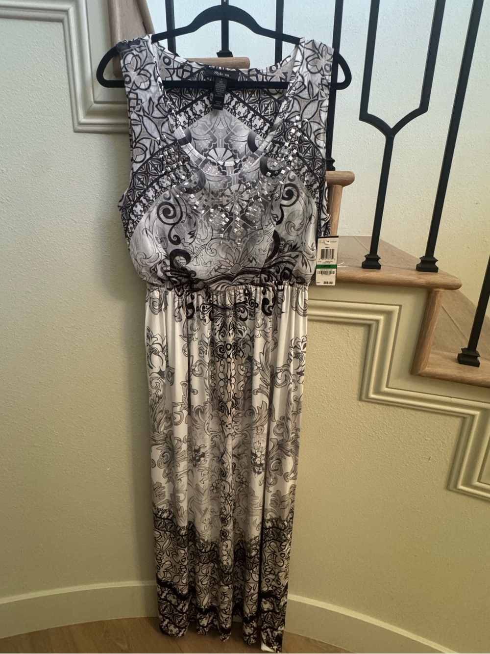 Style & Co. Black and White Sleeveless Embellished Maxi Dress
